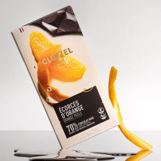 Ecorces d'Orange Guayas Schokolade 70% von Michel Cluize, Paris, Frankreich. Ecorces d'Orange Guayas Schokolade 70% von Michel Cluize, Paris, Frankreich.