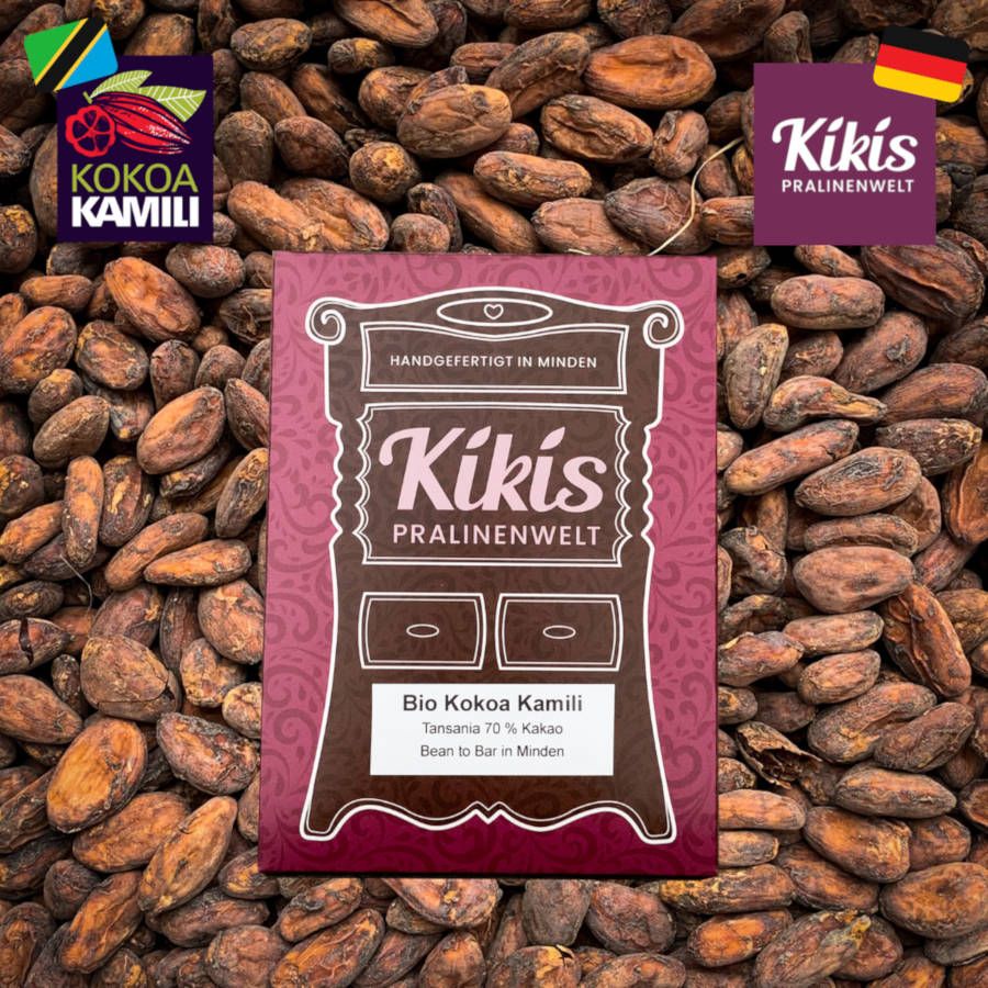 Unsere Bean to Bar Schokolade „Bio Kokoa Kamili 70%“.