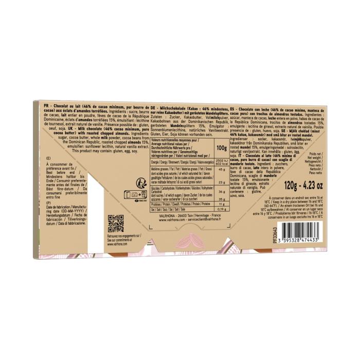 Bahibe mit Mandelsplittern Milchschokolade 120g Tafel Valrhona - Rückseite