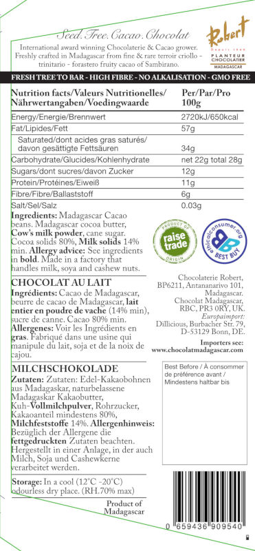 Dunkle Milchschokolade 80% Kakao - Chocolat Madagascar 85g Tafel - Rückseite