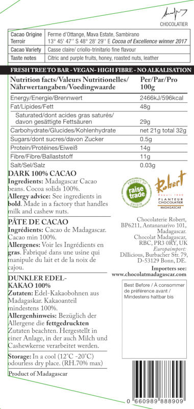 Ottange 100% Single Farm - Chocolat Madagascar 85g Tafel - Rückseite