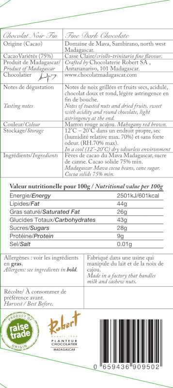 Domaine Mava 75% Single Plantation - Chocolat Madagascar 85g Tafel - Rückseite