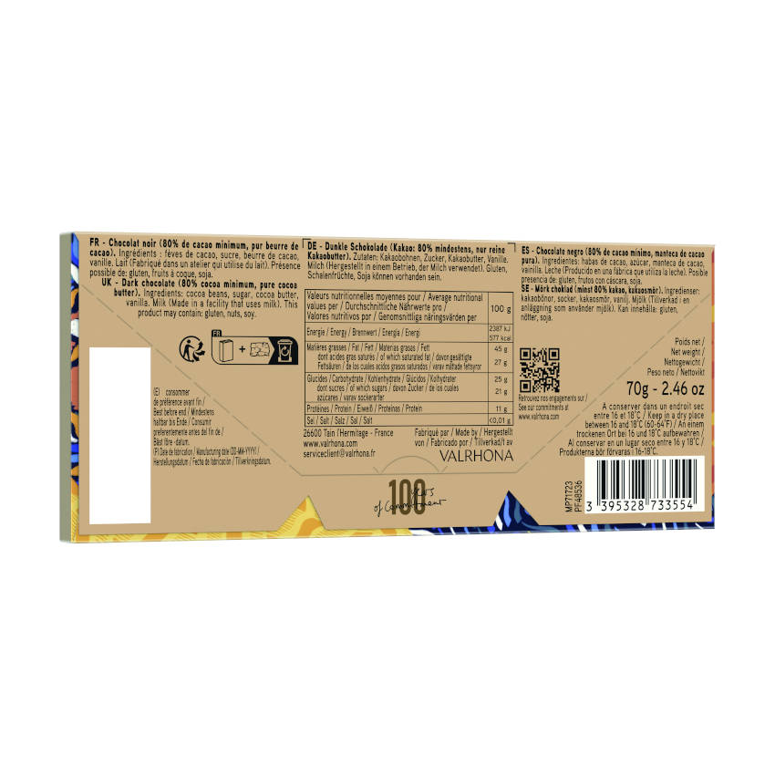 Komuntu 80% Tafel von Valrhona, Rückseite