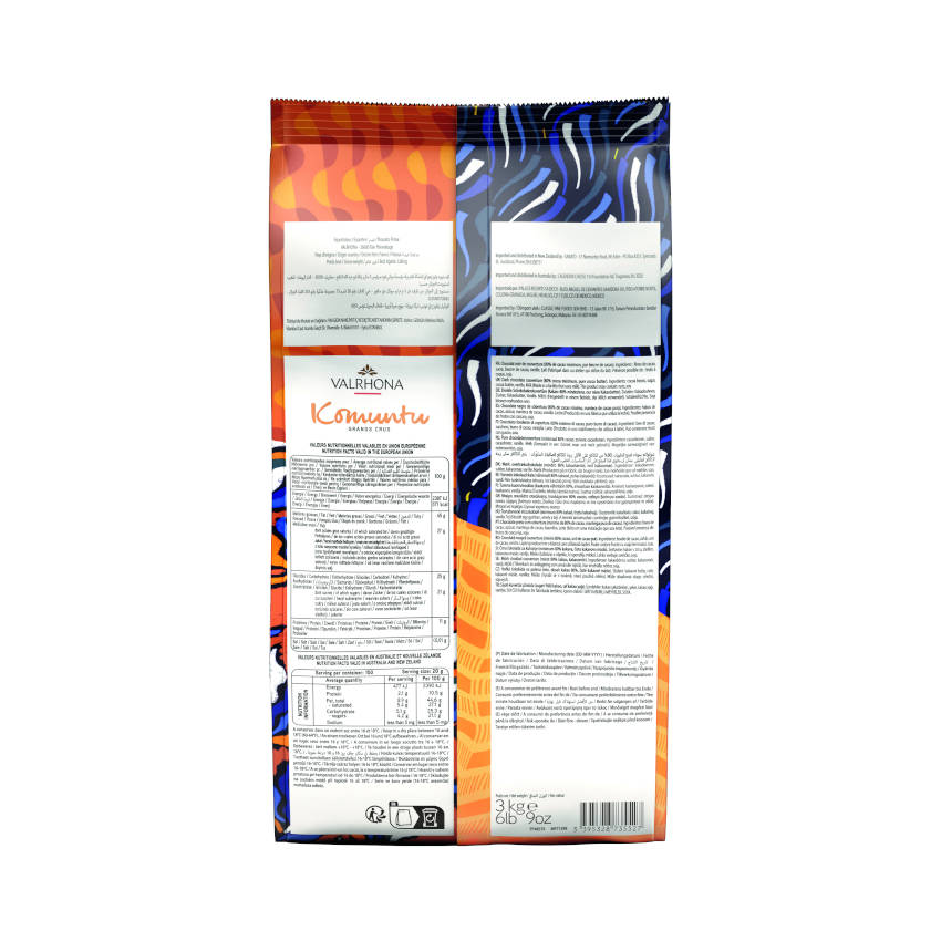 Komuntu 80 % Kuvertüre von Valrhona, 3kg Beutel Rückseite