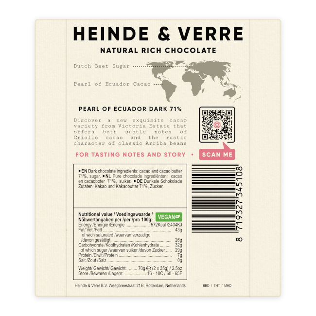 Pearl of Ecuador Dark 71% - Dunkle Schokolade 70g von Heinde & Verre, Verpackung Rückseite